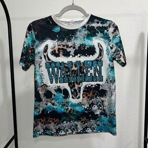 MORGAN WALLEN | Western Cow Hide Graphic Tee in Teal and Black Tie Dye | Size S